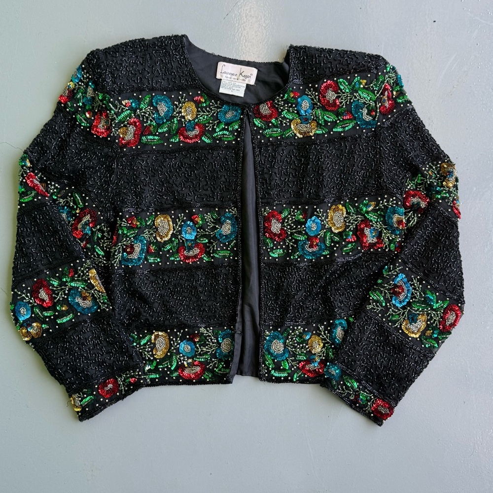 100% Silk Laurence Kazar Black Jacket with Multicolor Glass Beading